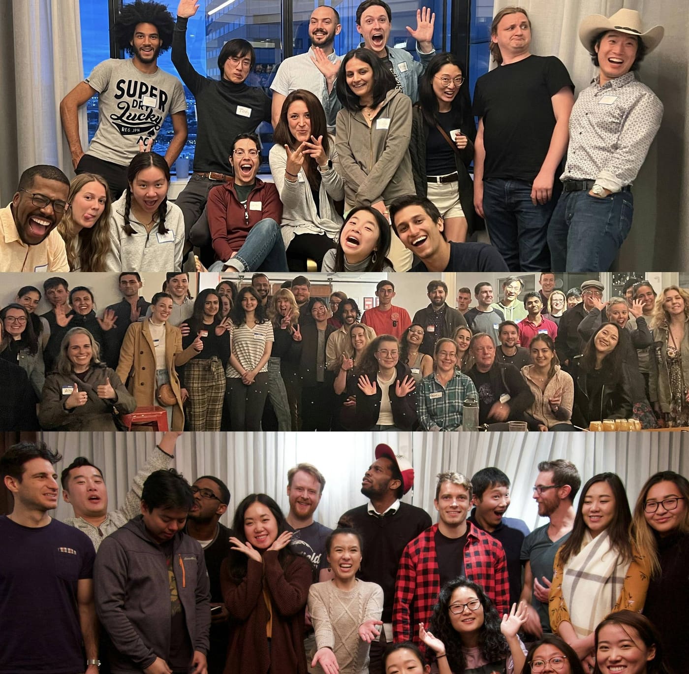 Three group photos of Learning Night attendees, smiling and waving at the camera.